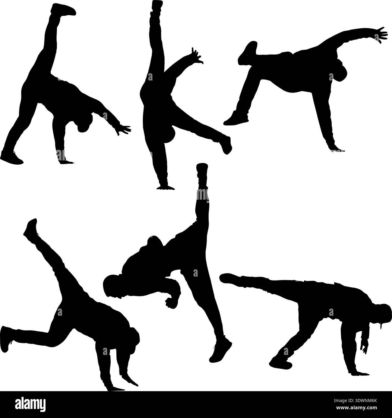 Performance Poses Set of black silhouette breakdancer poses including headspin, freeze ...