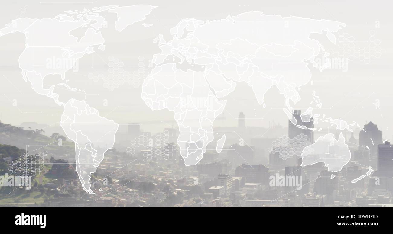 Displaying translucent world map overlay over elevated overlook, featuring hexagonal network nodes Stock Photo