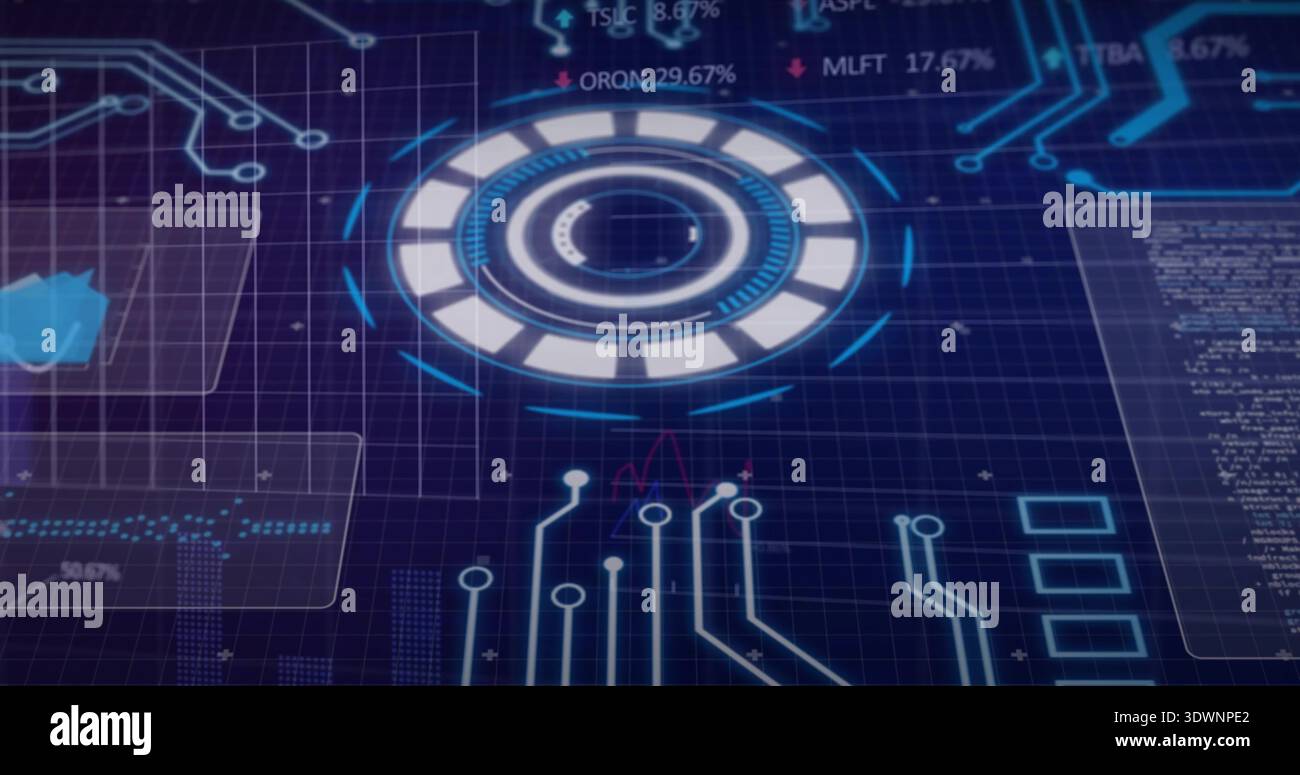 Animating central circular HUD element rotating over dark grid plane, showing data panels, code Stock Photo
