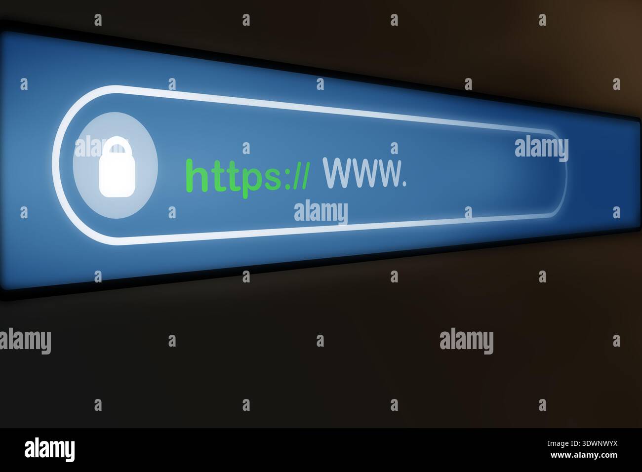 Glowing https address bar with padlock icon representing secure internet connection, SSL encryption and online privacy protection concept. Stock Photo