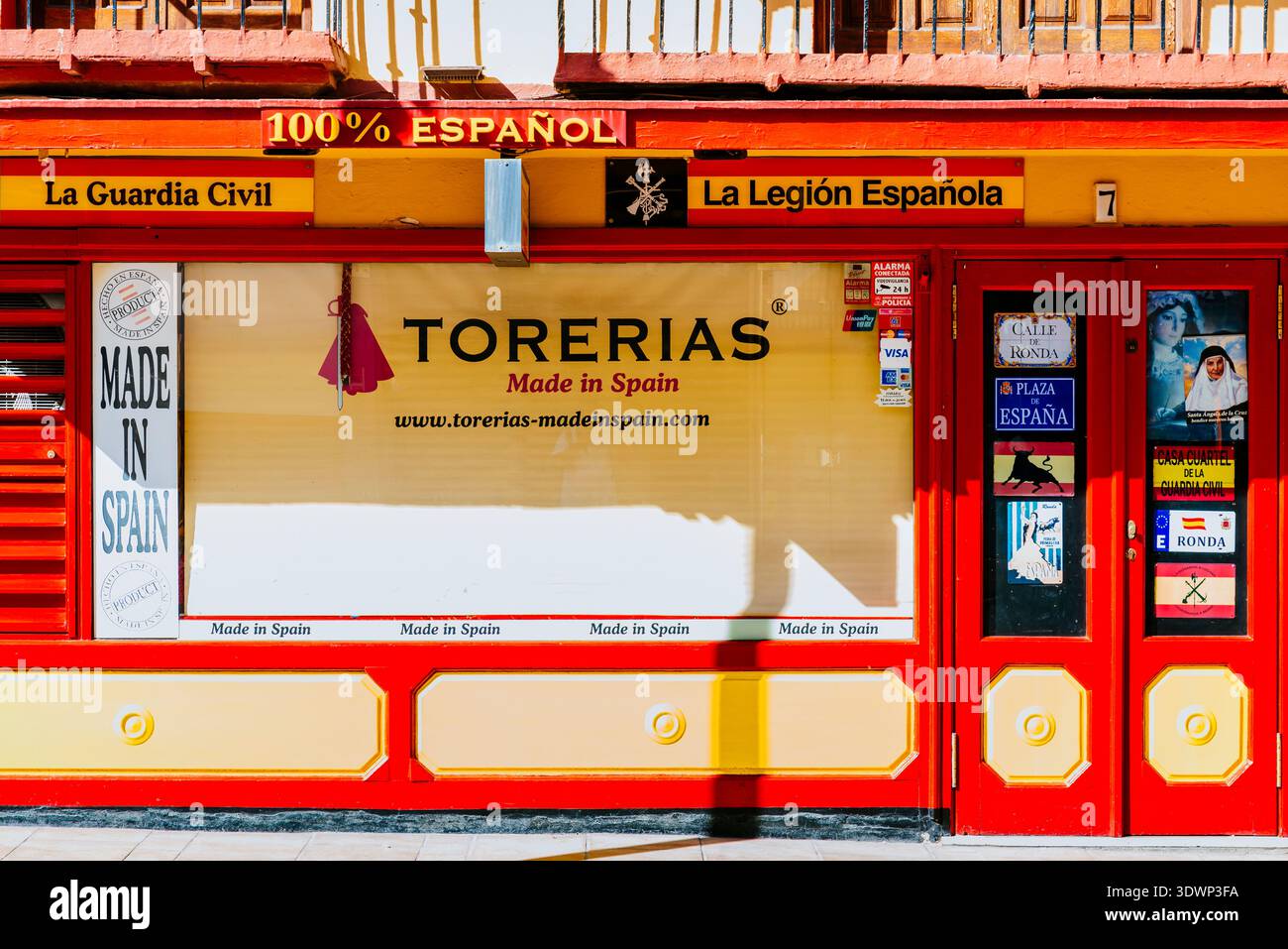Facade and shop window of the Torerías store, whose specialty is selling typical or bizarre Spanish products. Ronda, Málaga, Andalucía, Spain, Europe Stock Photo