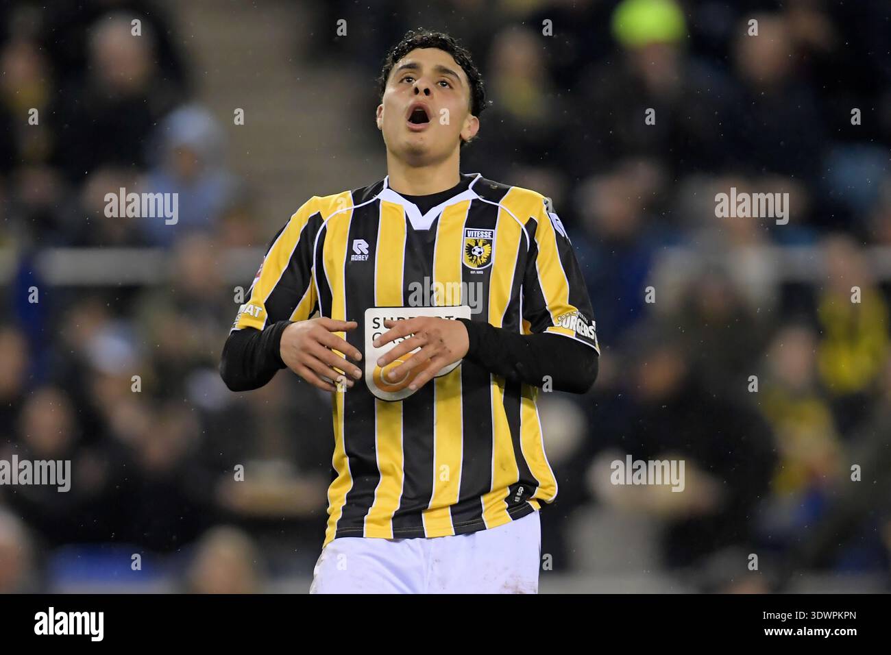Arnhem, Netherlands. 27th Feb, 2026. ARNHEM, NETHERLANDS - FEBRUARY 27: Adam  Tahaui of Vitesse during the Dutch Keuken Kampioen Divisie match between  Vitesse and Jong AZ at Gelredome on February 27, 2026