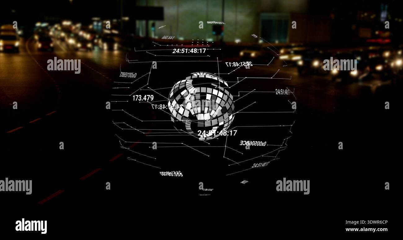 Projecting holographic sphere hovering above nighttime multi-lane road, with numeric readouts Stock Photo