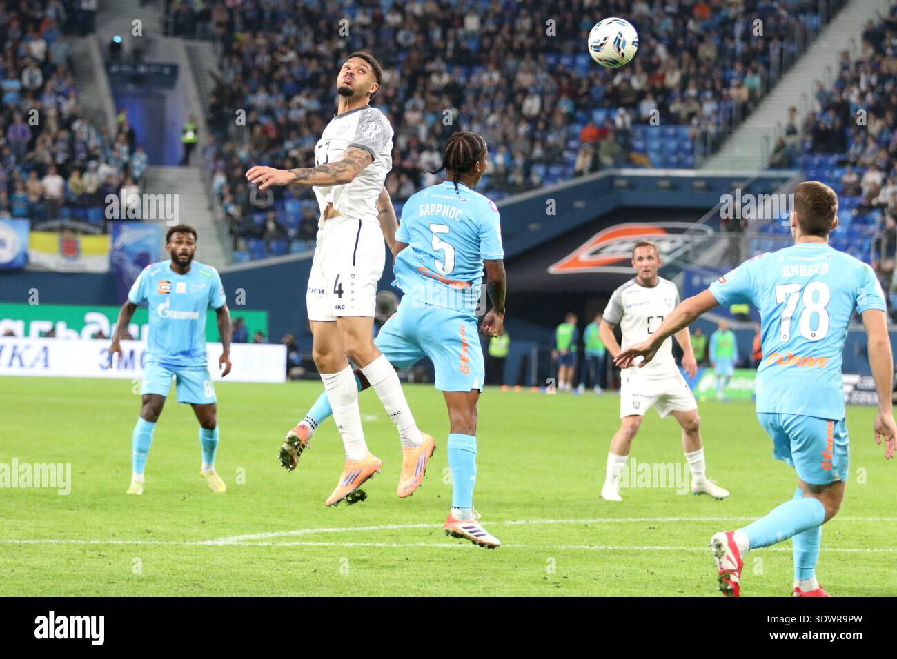 Saint Petersburg, Russia. 27th Feb, 2026. Wilmar Enrique Barrios Teran,  known as Wilmar Barrios (5) of Zenit, Nathan Gassama (4) of Baltika seen in  action during the Russian Premier League football match