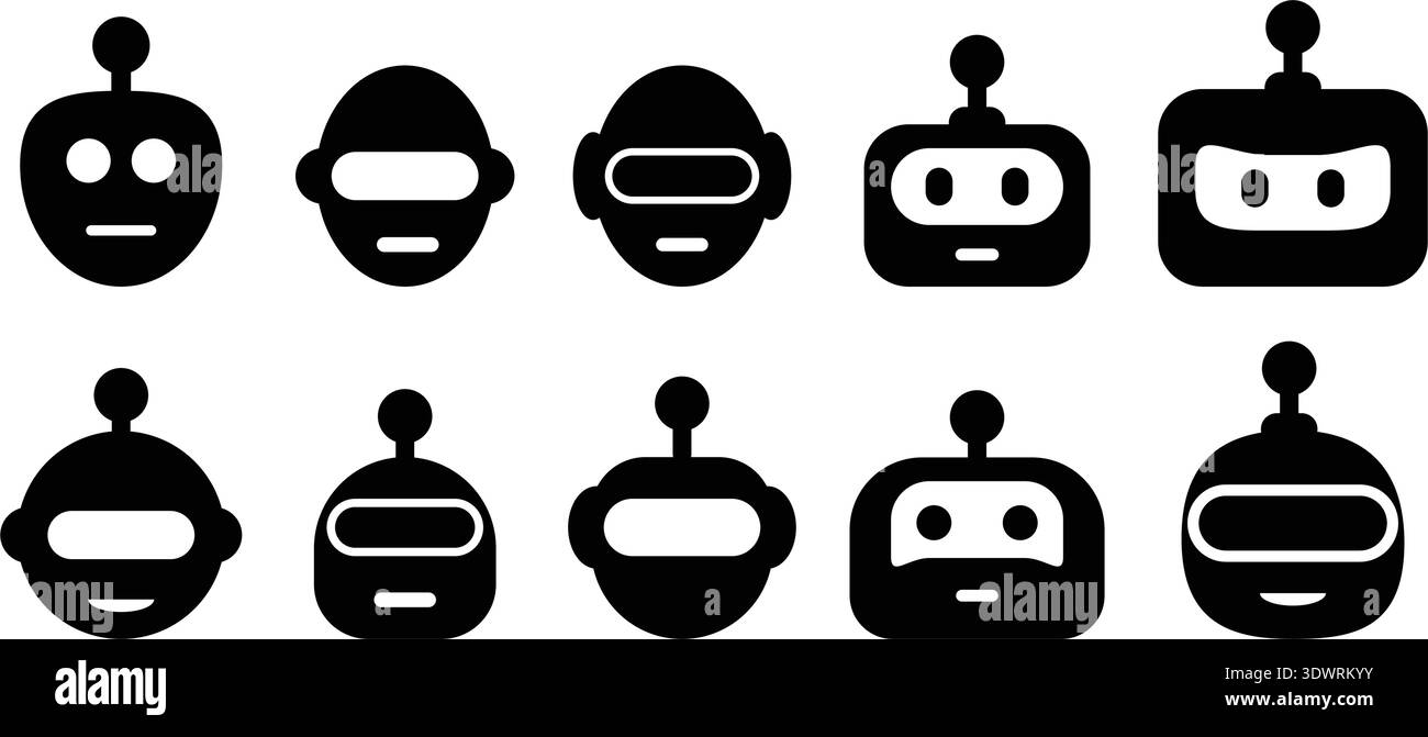 AI Robot Bot Face Icon Set, 10 Cute Minimal Solid Black Chatbot Head ...