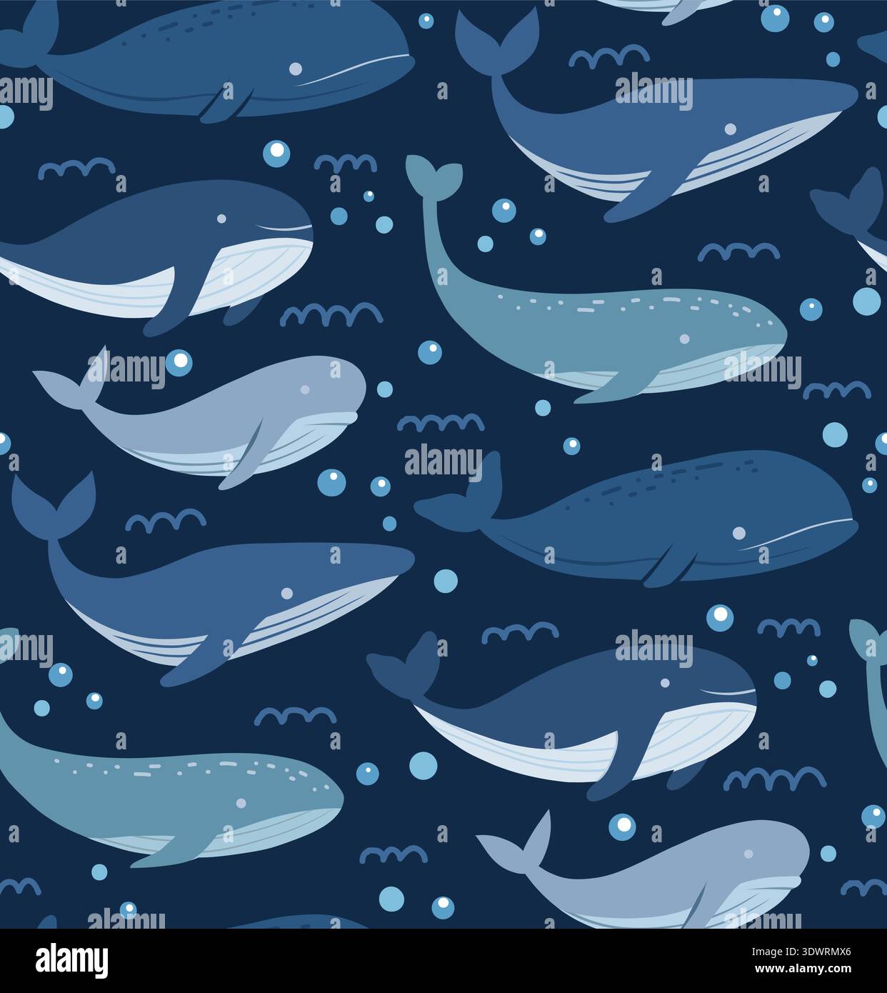 Vector childish seamless pattern with hand drawn whales, waves and ...