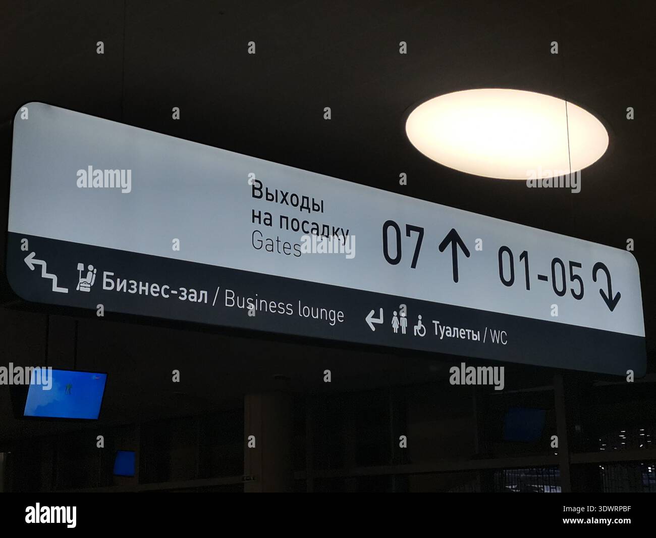 Airport directional sign showing gates and business lounge icons in ...