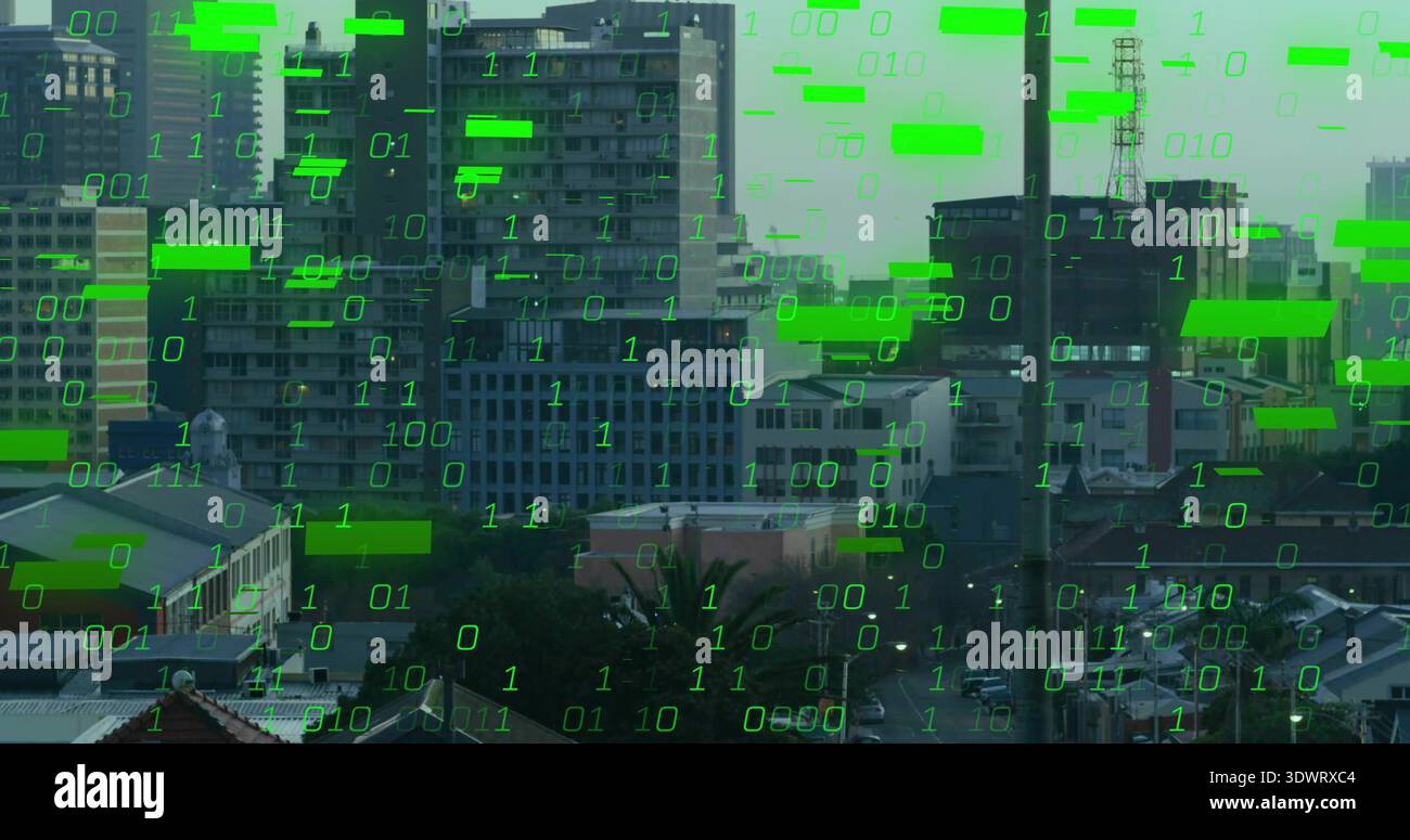 Displaying downtown skyline with roofs, chimney, antenna on mid-high towers, green binary overlay Stock Photo