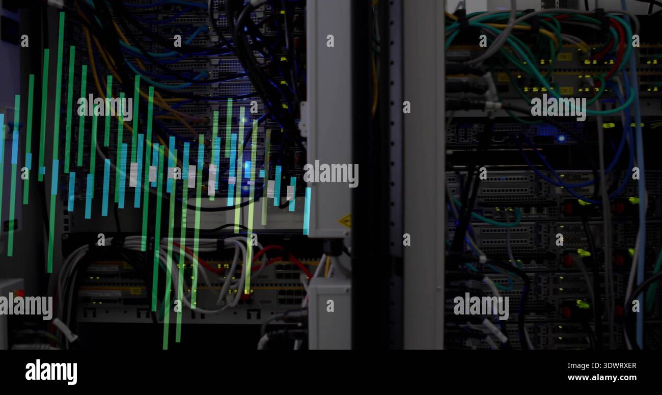 Showing server rack with switches and colored Ethernet cables in data ...