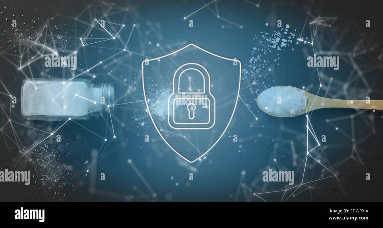 Glowing shield with lock on studio blue backdrop, network overlay, salt spilling left, spoon right Stock Photo