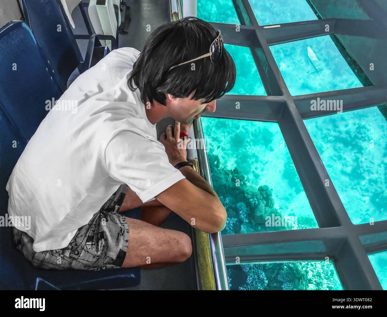 Adult young European man admiring the coral reefs of the Red Sea through the transparent glass bottom of a tourist ship. Sharm El Sheikh, Egypt - Smartphone Captured Stock Image