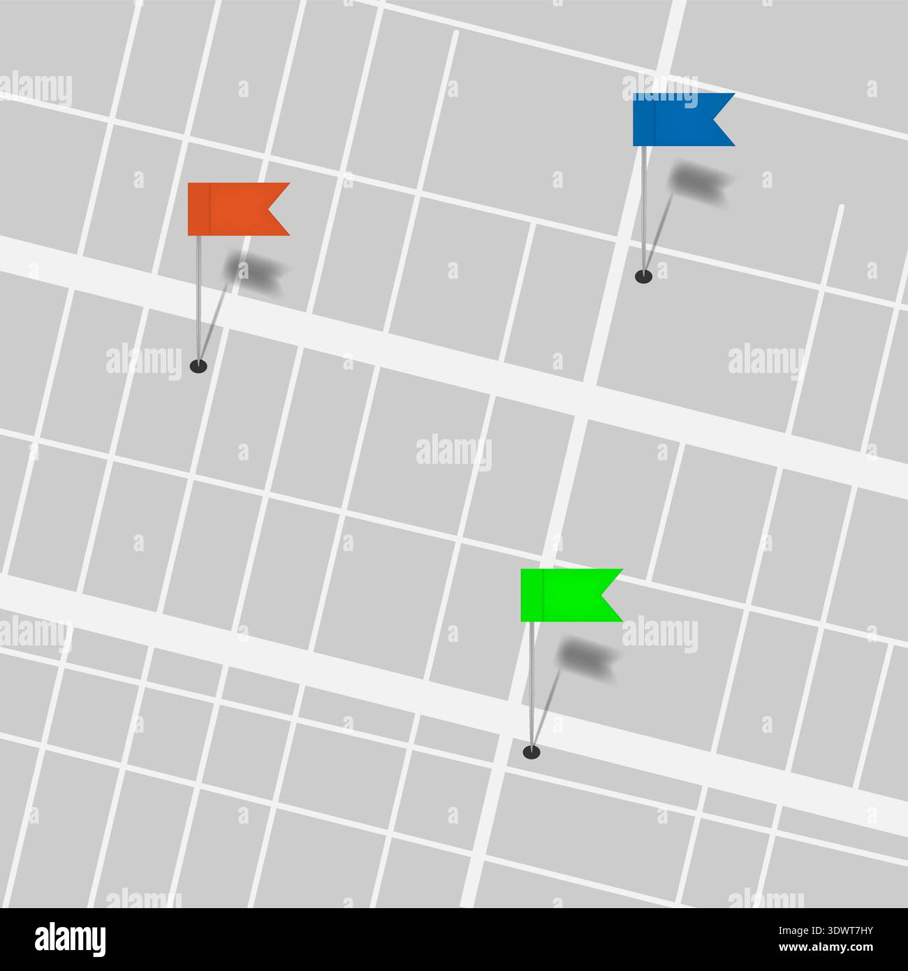 Colored flag shaped map pins on arbitrary scheme. Tacks for color marking, coding, categorizing on paper Stock Vector