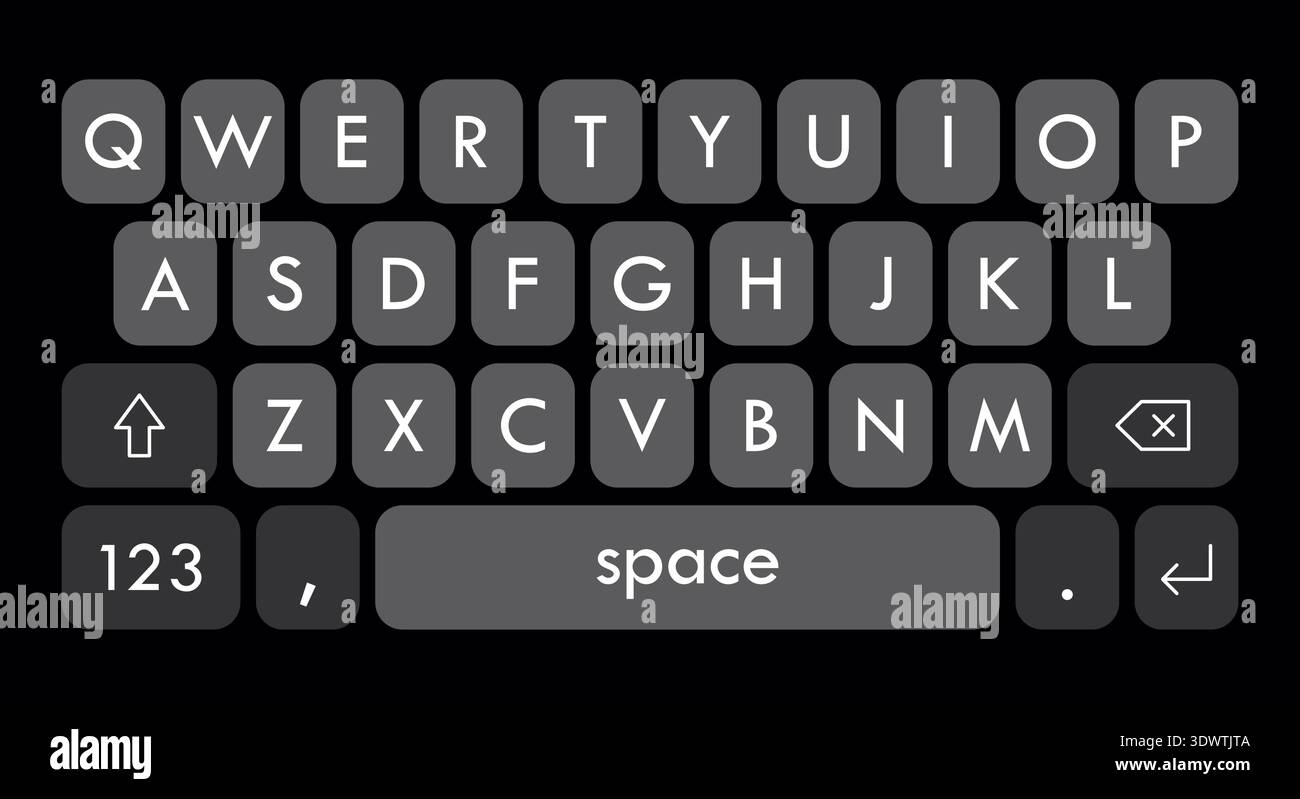 Smartphone virtual keyboard in dark theme, simple design layout. Vector illustration Stock Vector