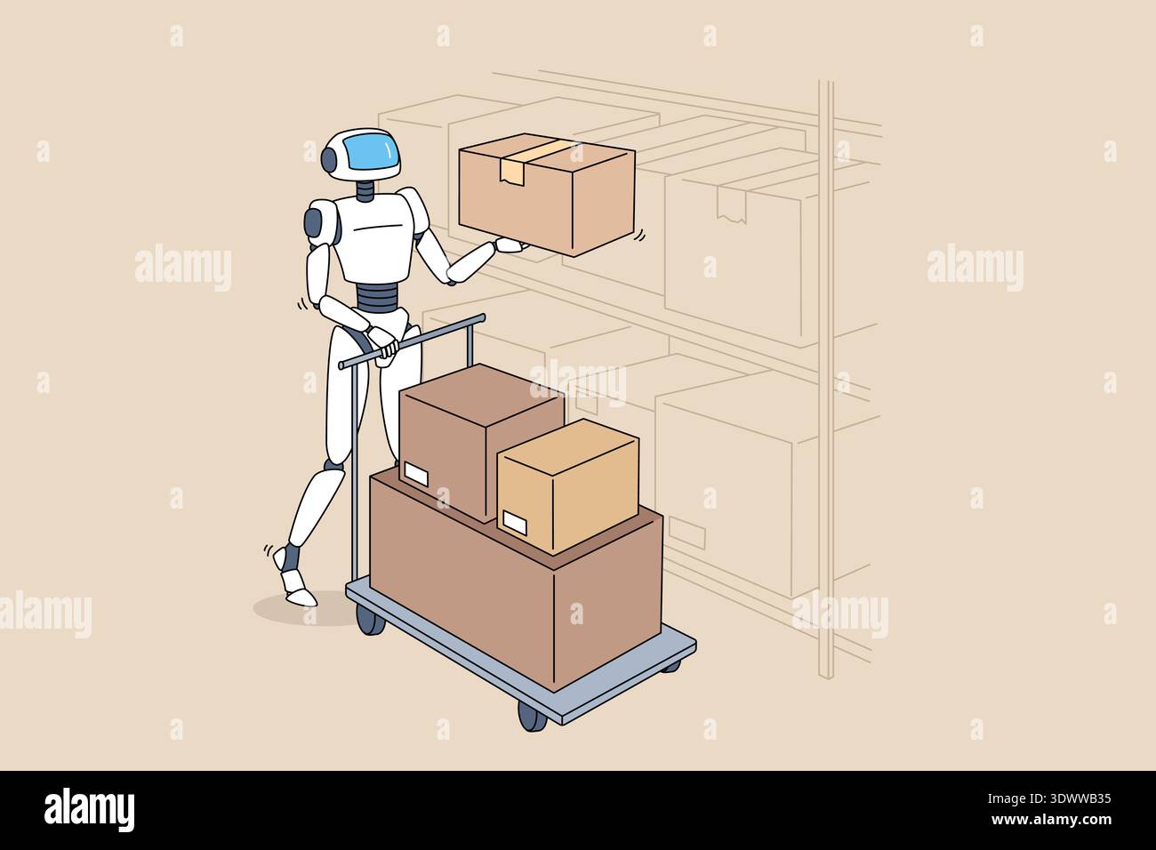 Automated Robot Managing Packaging Process. Selfoperating Machine Arranging Boxes On Shelves Stock Vector