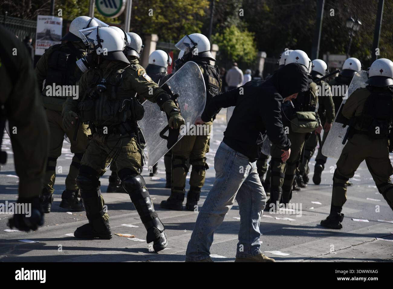 Athens Tempi Riots Athens, Greece, February 28th, 2026. Protestors gather in front of the ...