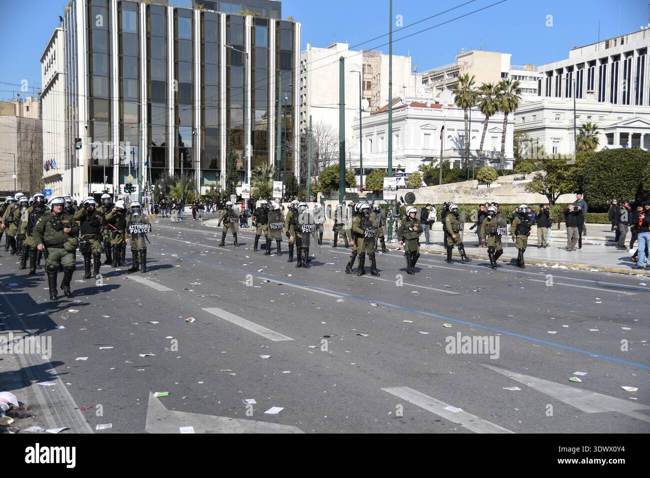 Athens Tempi Riots Athens, Greece, February 28th, 2026. Protestors gather in front of the ...