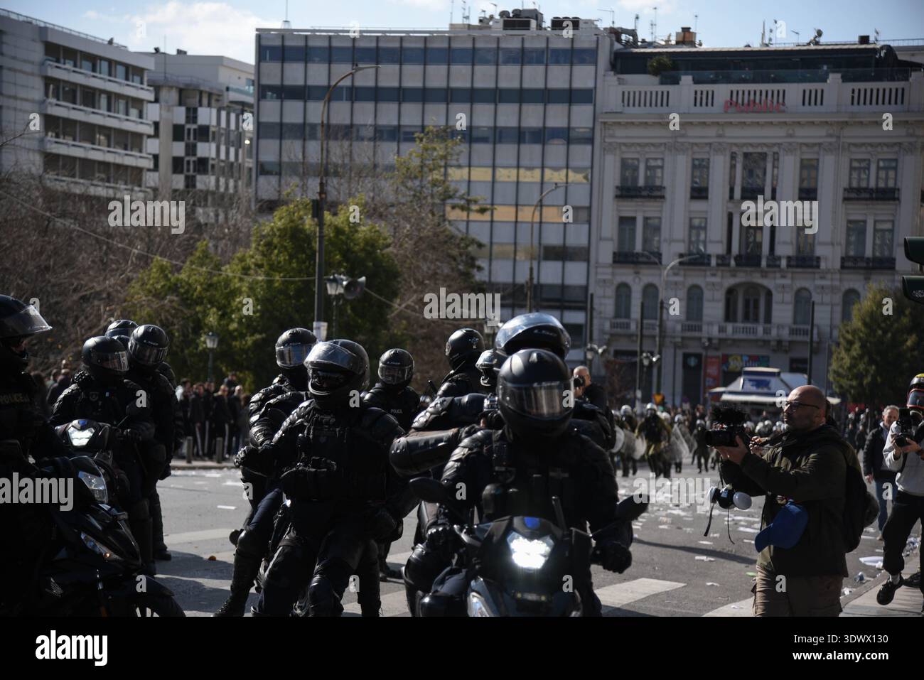 Athens Tempi Riots Athens, Greece, February 28th, 2026. Protestors gather in front of the ...