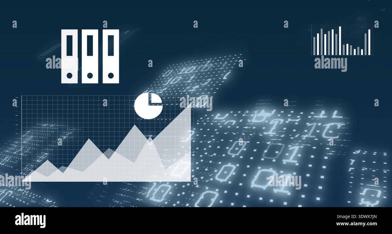 Displaying faint data overlay with area chart grid, pie icon, binders, binary matrix in dashboard Stock Photo