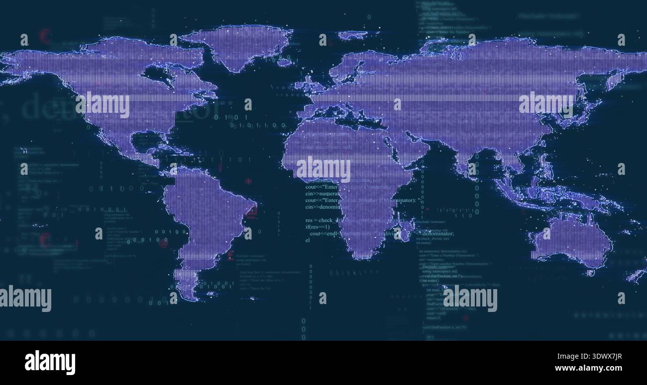 Displaying stylized world map graphic spanning digital dashboard, with glowing data nodes and code Stock Photo
