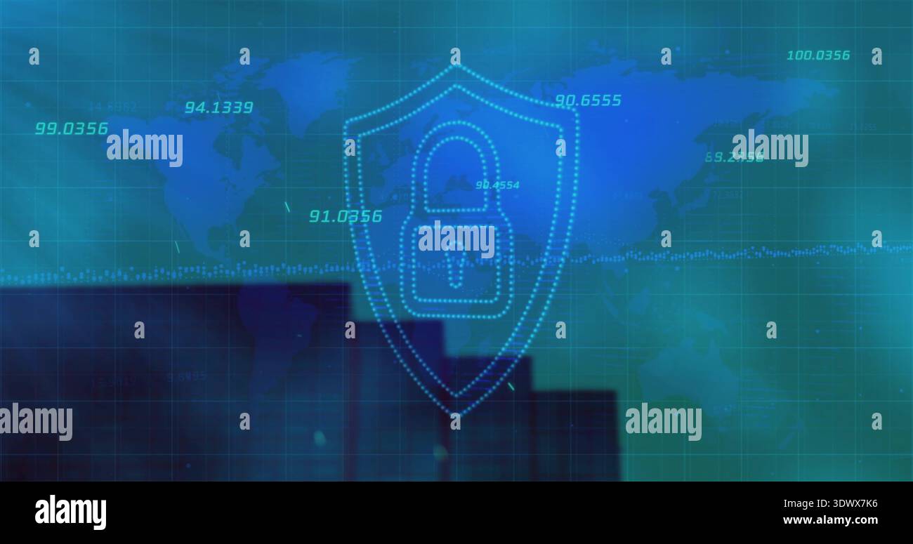 Displaying dotted shield with padlock on virtual UI showing world map, grid, waveform, telemetry Stock Photo