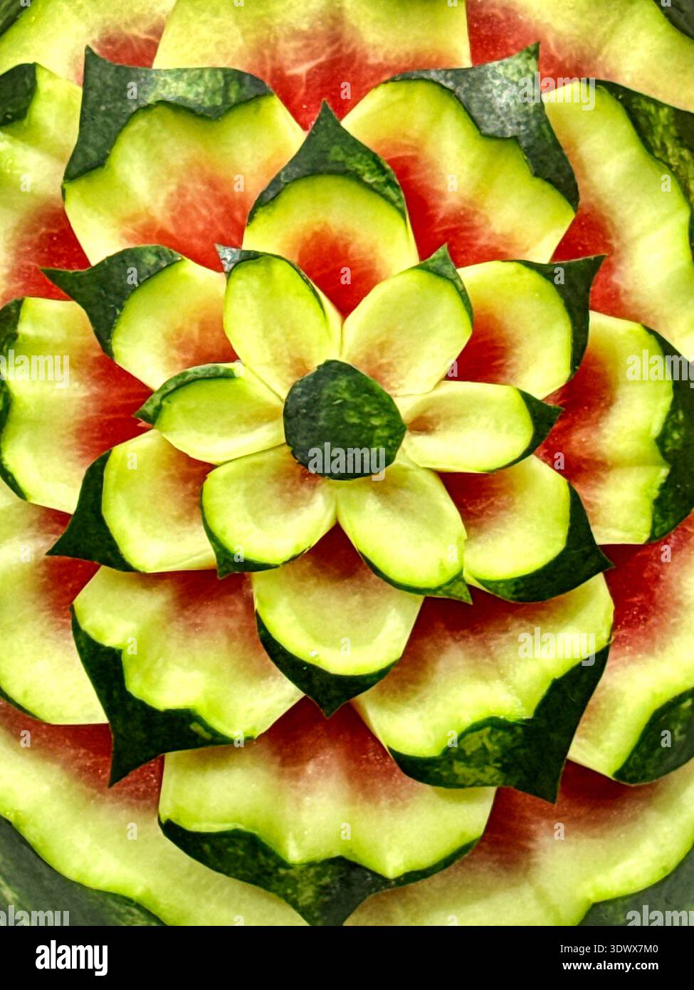 Close up view of the decorative carving of the skin and flesh of a watermelon. - Smartphone Captured Stock Image