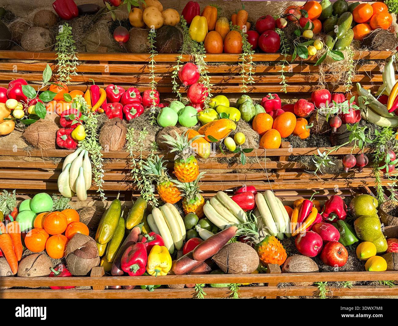 Display of plastic fruit and vegetables on a market stall - Smartphone Captured Stock Image