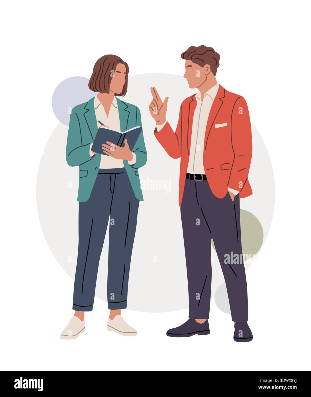 Couple in business attire engaged in discussion Stock Vector