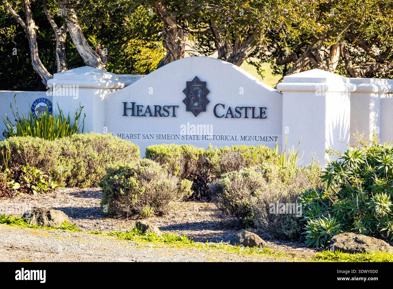 San Simeon, CA, USA - November 25, 2025: Entrance sign marking access to Hearst Castle landmark and historic estate in San Simeon California Stock Photo