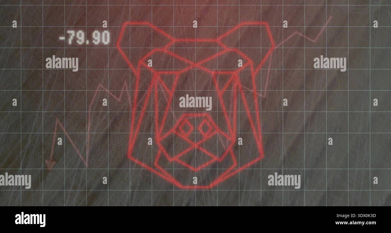 Displaying neon wireframe bear head centered on dark grid, showing jagged chart, -79 Stock Photo