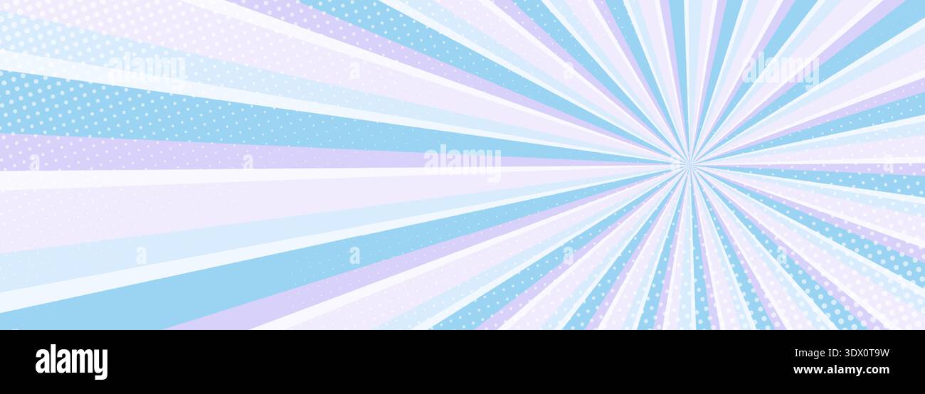 Pastel radial burst halftone abstract background showing soft blue and pink rays converging toward center, retro comic energy with subtle dotted Stock Vector