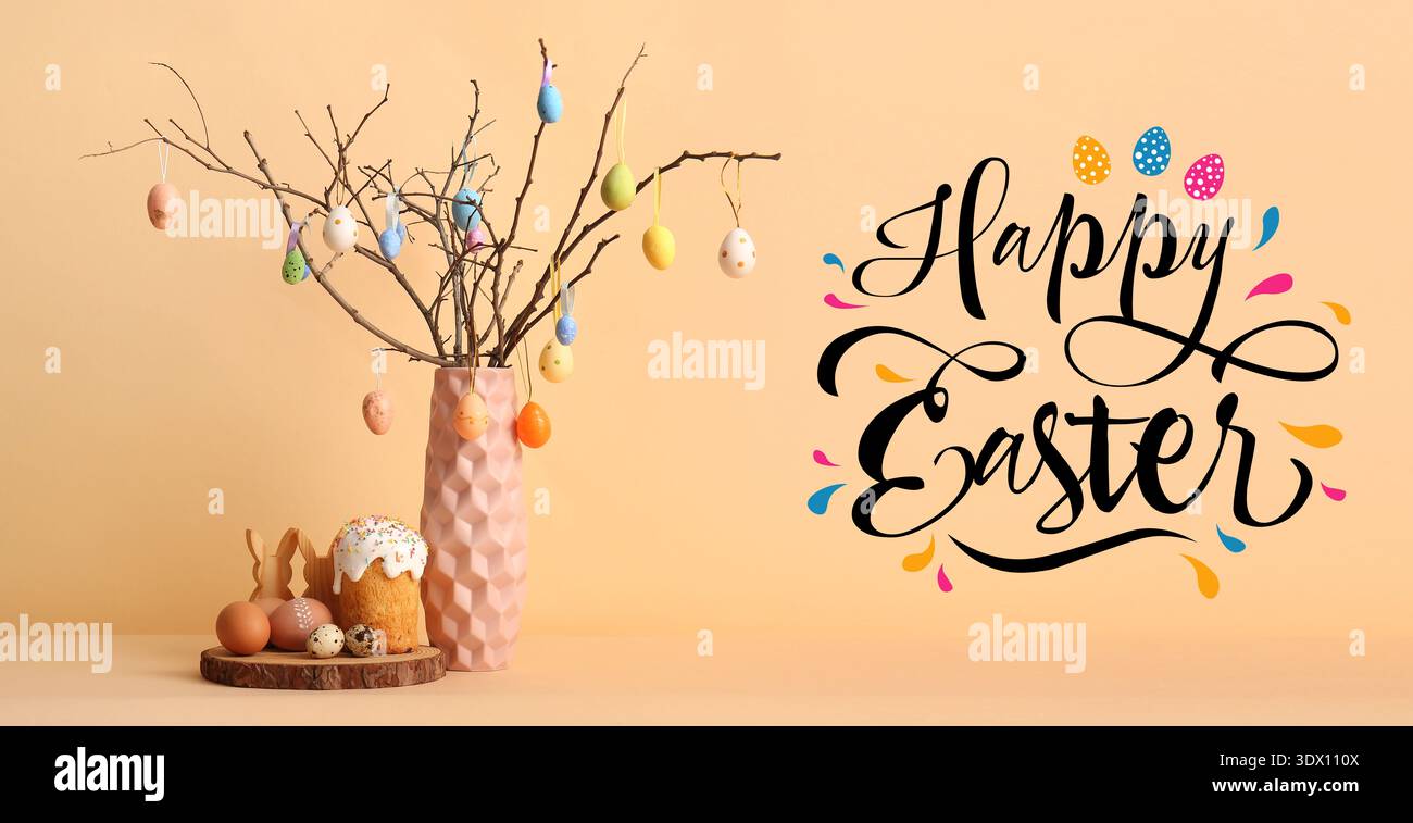 Easter greeting card with eggs, cake and decorations Stock Photo