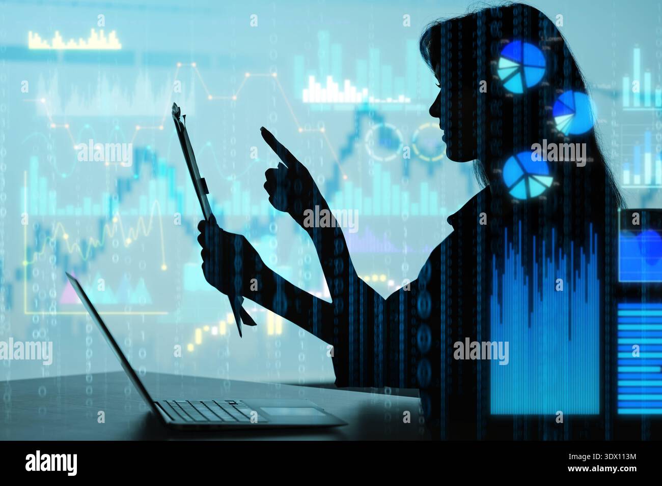 Double exposure of graphs and silhouette of young businesswoman. Data science concept Stock Photo