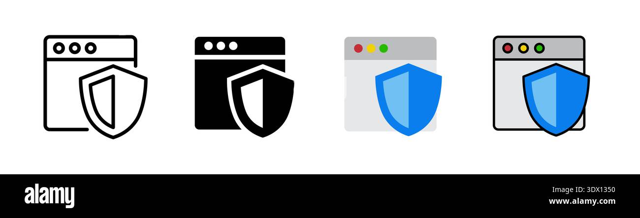 Browser shield icon set, outlined editable stroke, flat glyph, and colored. Icon design related to internet and website. Icon design related to safe b Stock Photo