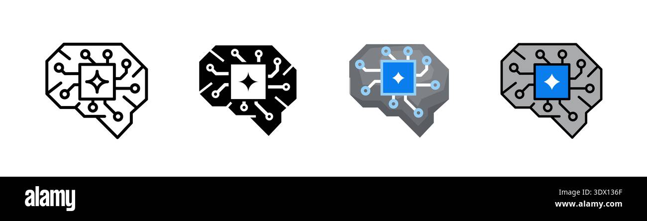 Artificial brain, straight style, with centralized chip element. Designed for automation systems, cognitive engines, and neural computing concepts. Stock Photo