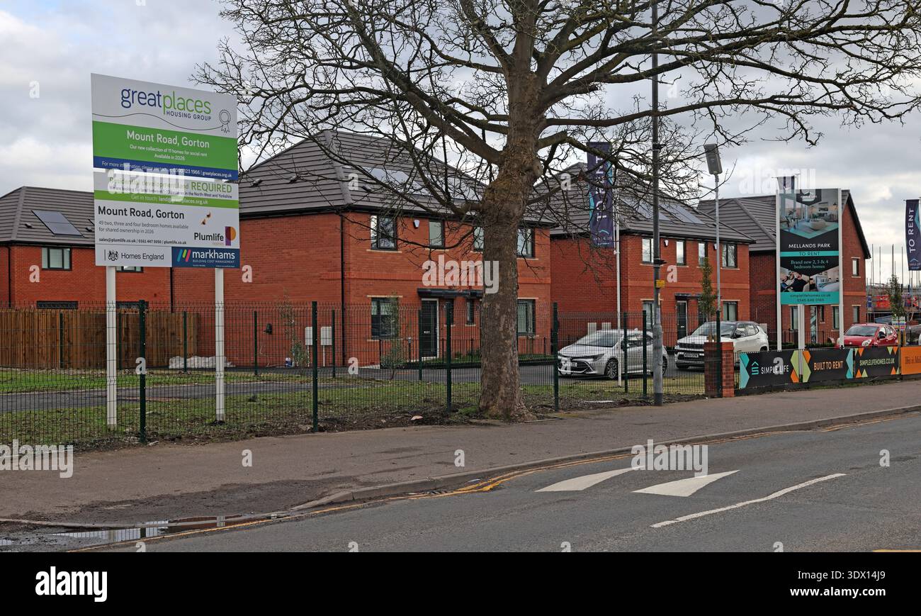 Great Places Housing Group development sign at Mount Road, Gorton, Manchester, part of the Mellands Park scheme delivering affordable homes Stock Photo