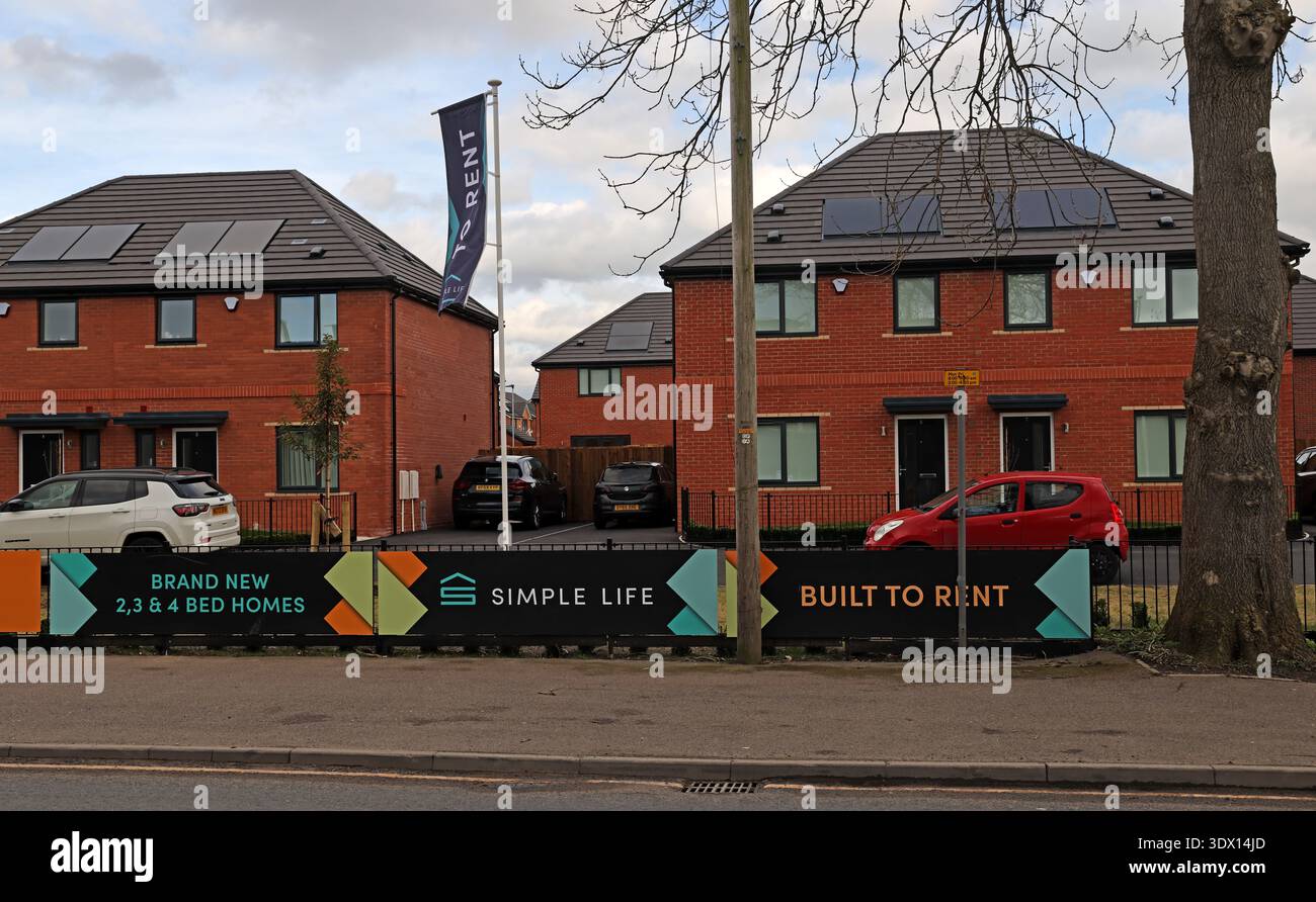 Simple Life “Built to Rent” branding in front of new homes at Mellands Park on Mount Road, Gorton, east Manchester. Stock Photo