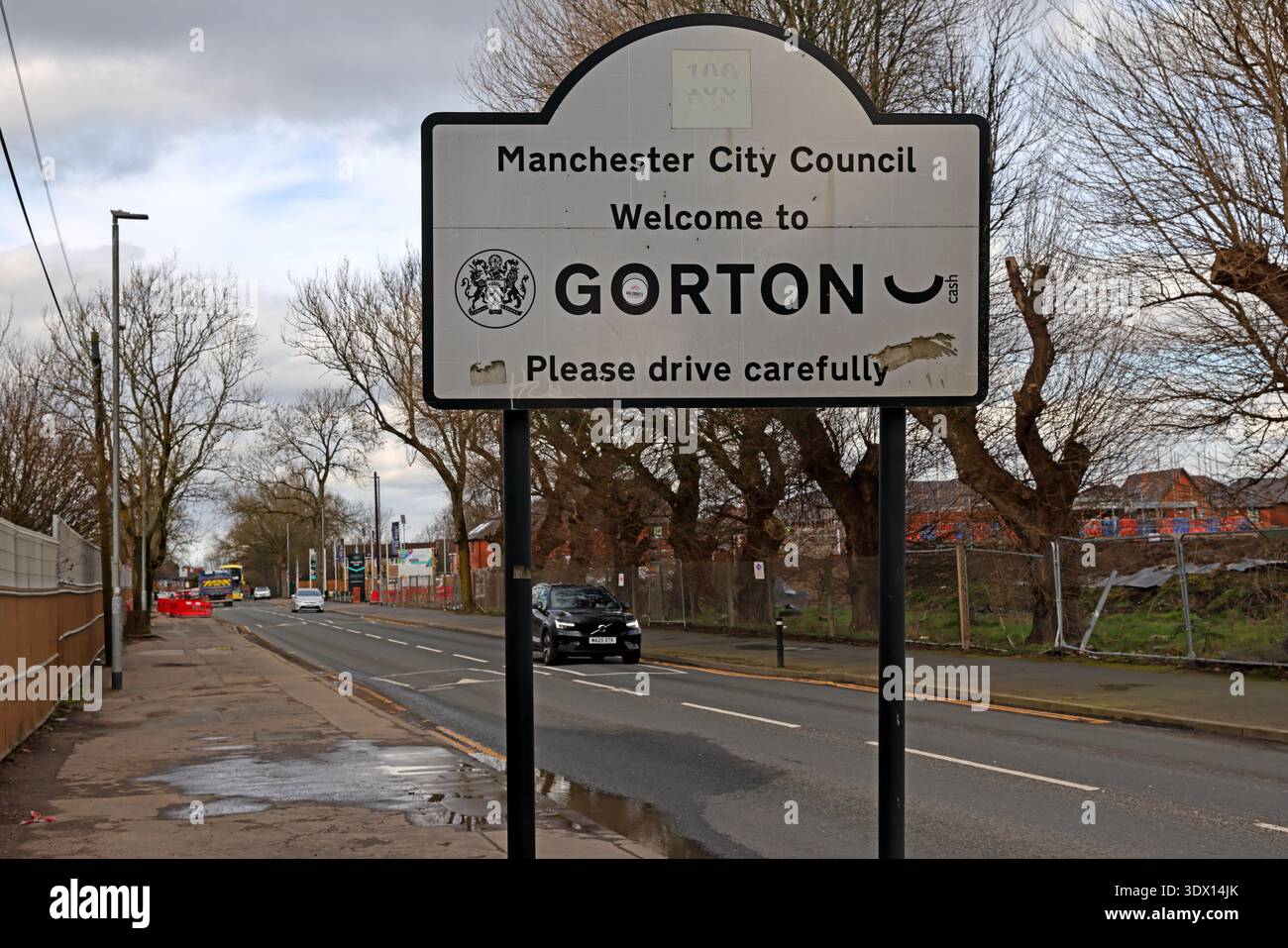 Manchester City Council “Welcome to Gorton” roadside sign in east Manchester, Greater Manchester, England. Stock Photo
