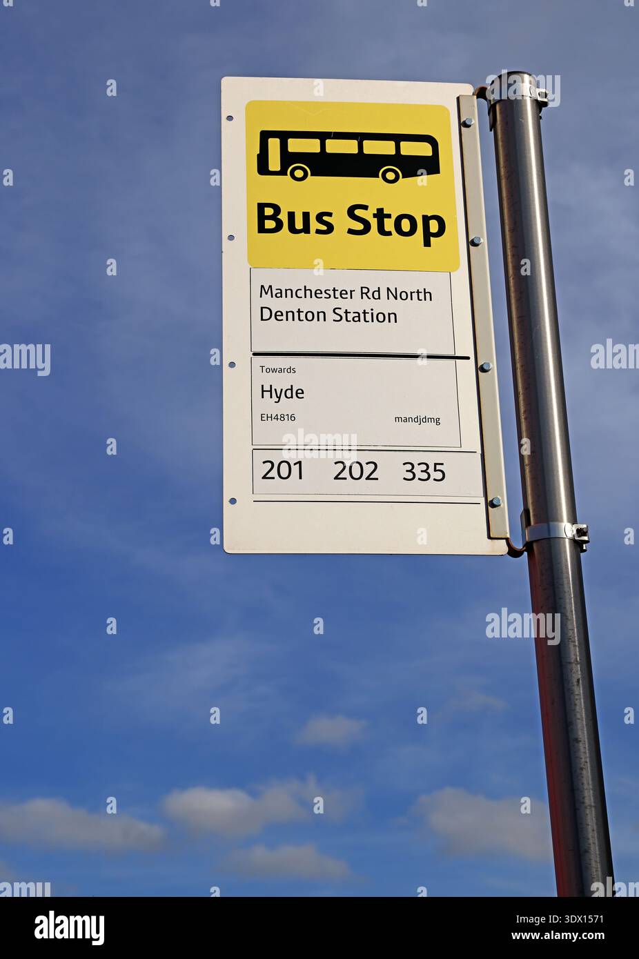 Bee Network bus stop sign outside Denton Station, Manchester Road North, Denton, Greater Manchester, England, UK (M34 3NS). Stock Photo