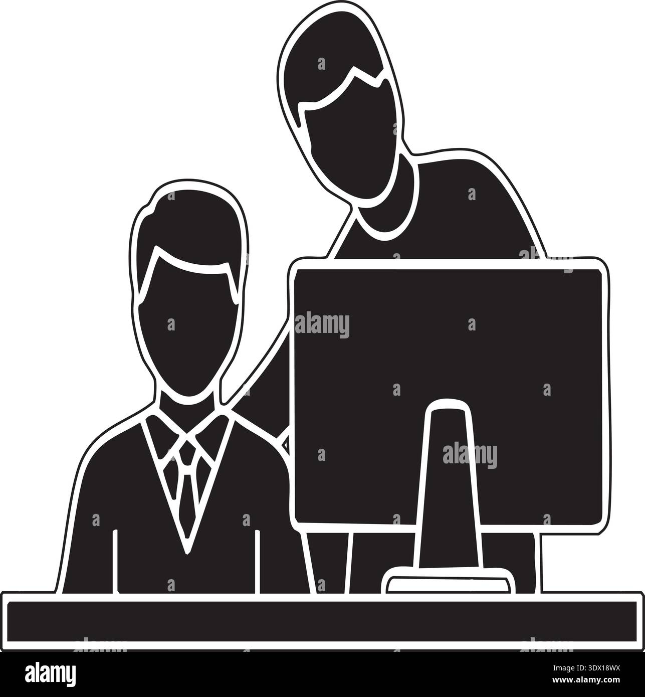 Two businessmen using a computer together in an office setting Stock Vector
