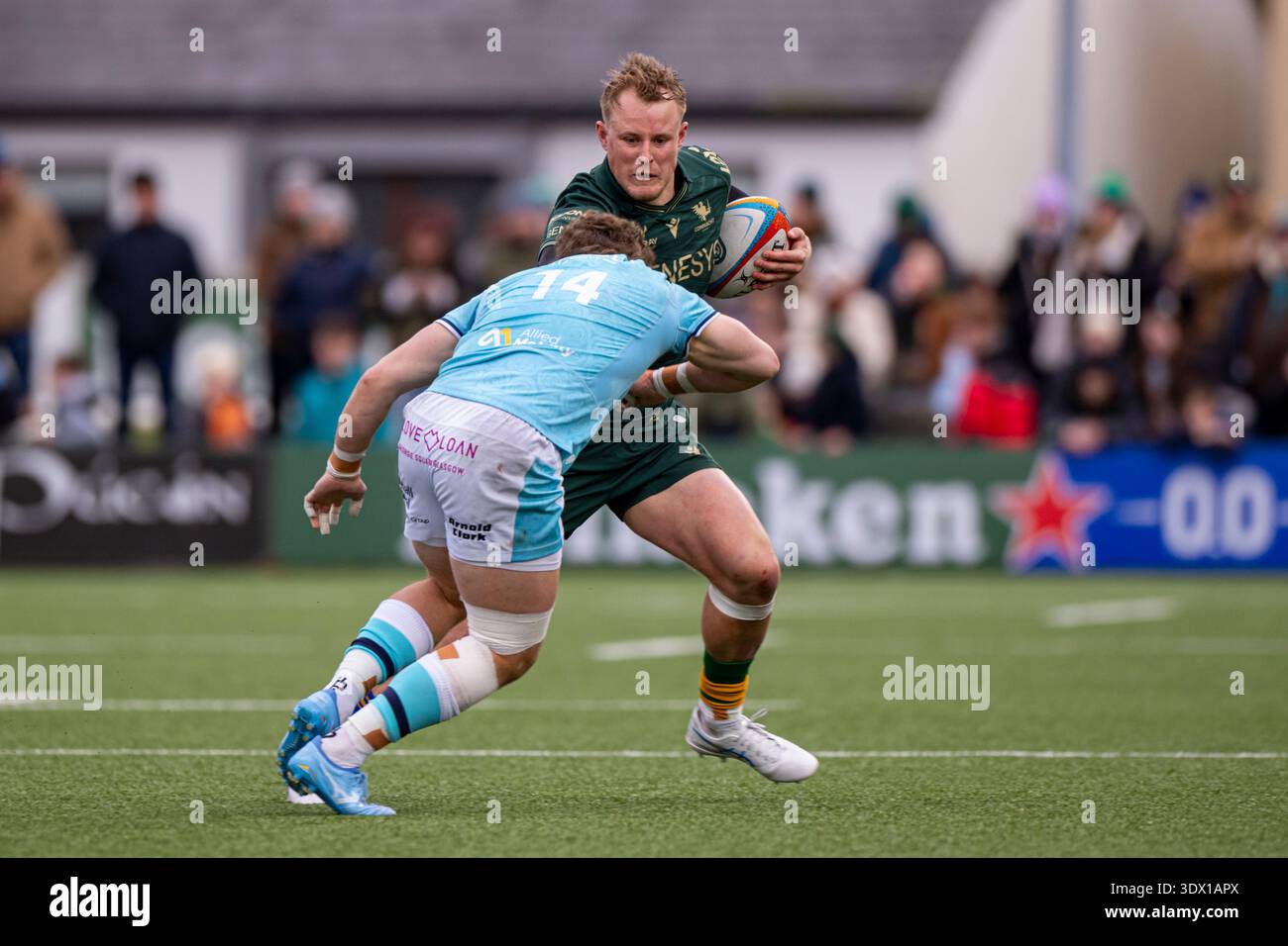 Sam Gilbert Rugby Sam Gilbert of Connacht Rugby tackled by Kyle Rowe of Glasgow Warriors ...
