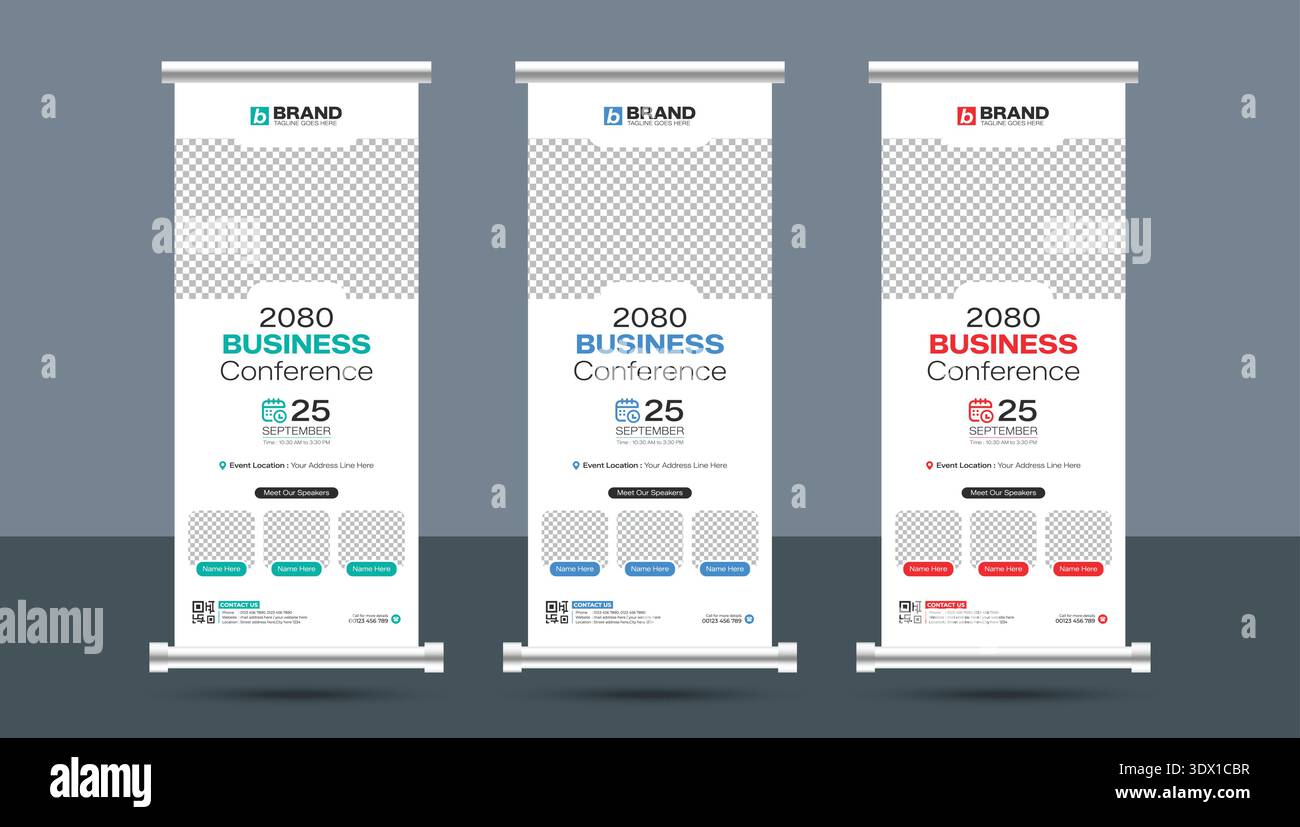 Minimal creative business conference roll up standee or x banner design layout template. Business conference vertical rollup, pull up, flag-banner Stock Vector