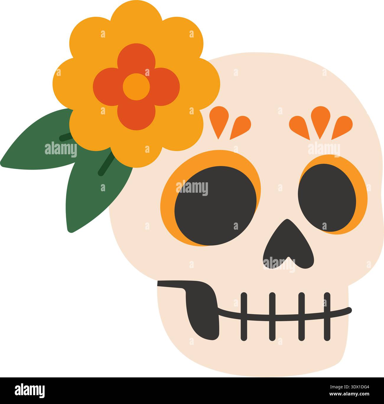 Sugar skull with marigold flower. Flat cartoon vector for Dia de los Muertos and Mexican cultural designs Stock Vector
