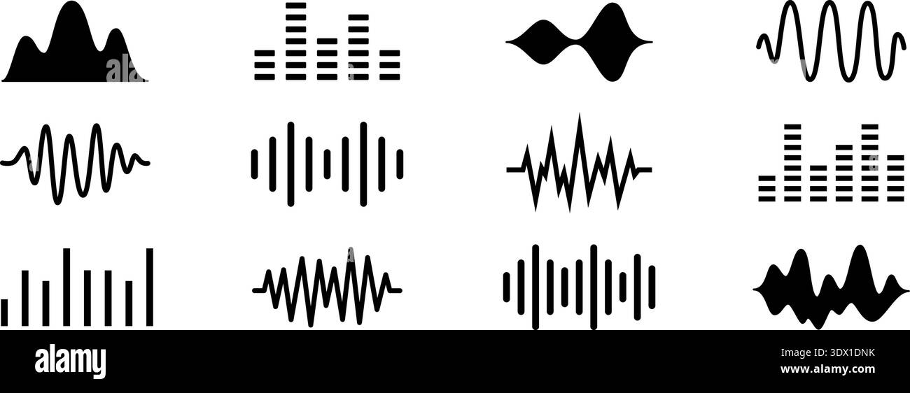 Set of black sound wave icons. Audio waveforms and equalizer symbols ...