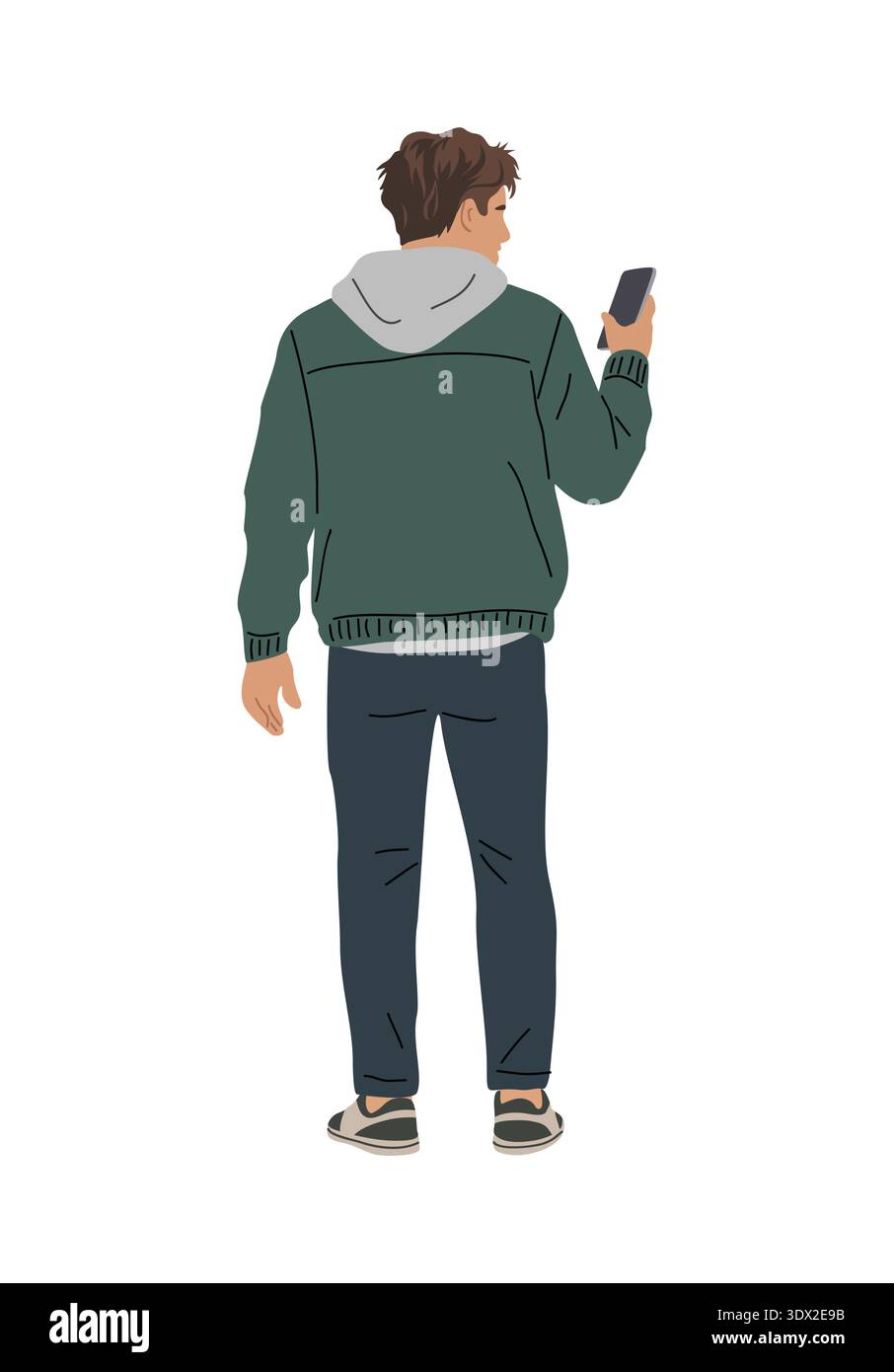 Young man viewed from behind holding phone Stock Vector