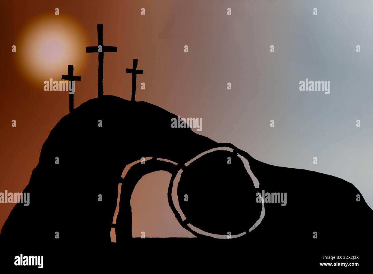 Three crosses on a hilltop silhouette with a glowing sun behind them ...