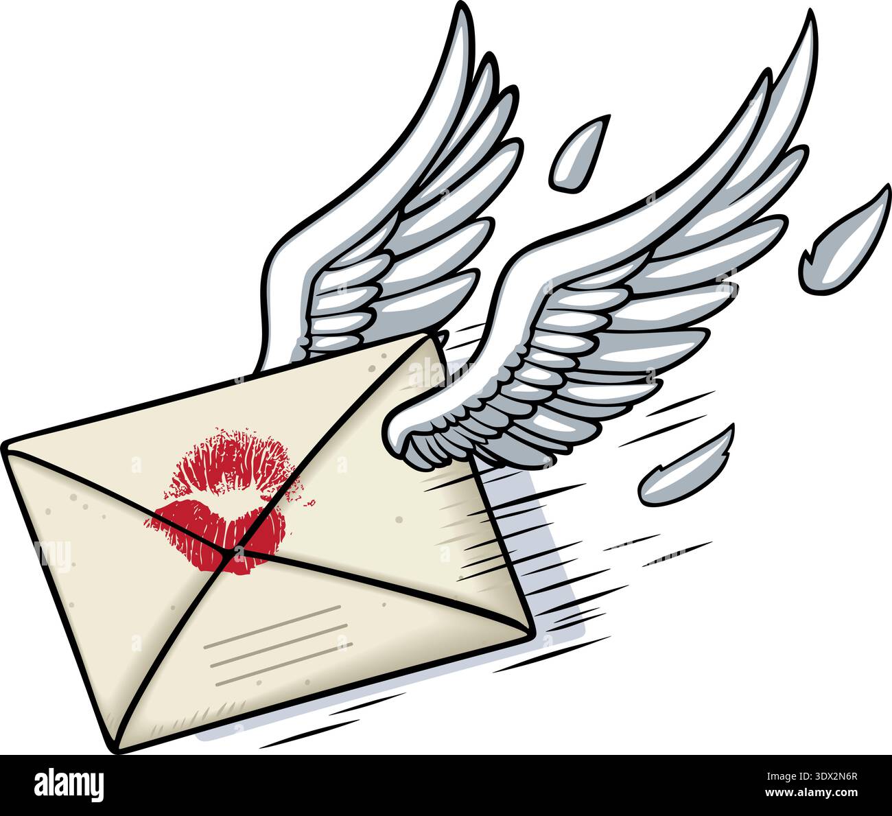 Flying love letter envelope with angel wings and red lipstick kiss mark ...
