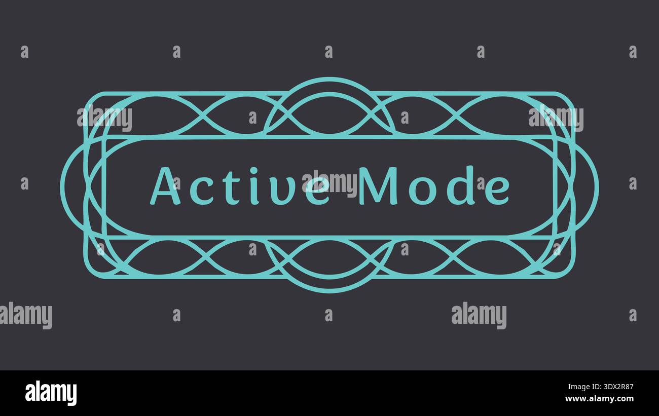 Label with active mode text inside an interlaced loop frame in light blue on dark background Stock Vector
