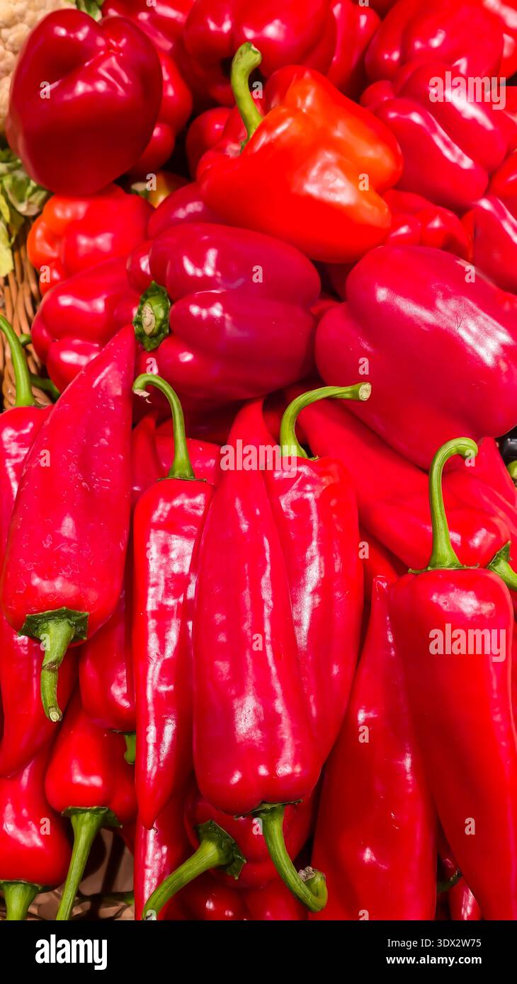 Red bell peppers in large boxes on store shelves. Vegetable display and sale. Stock Photo
