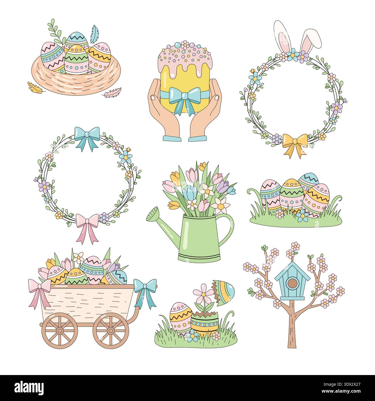 Hand drawn pastel Easter vector set with eggs bunny wreath and spring flowers flat Stock Vector