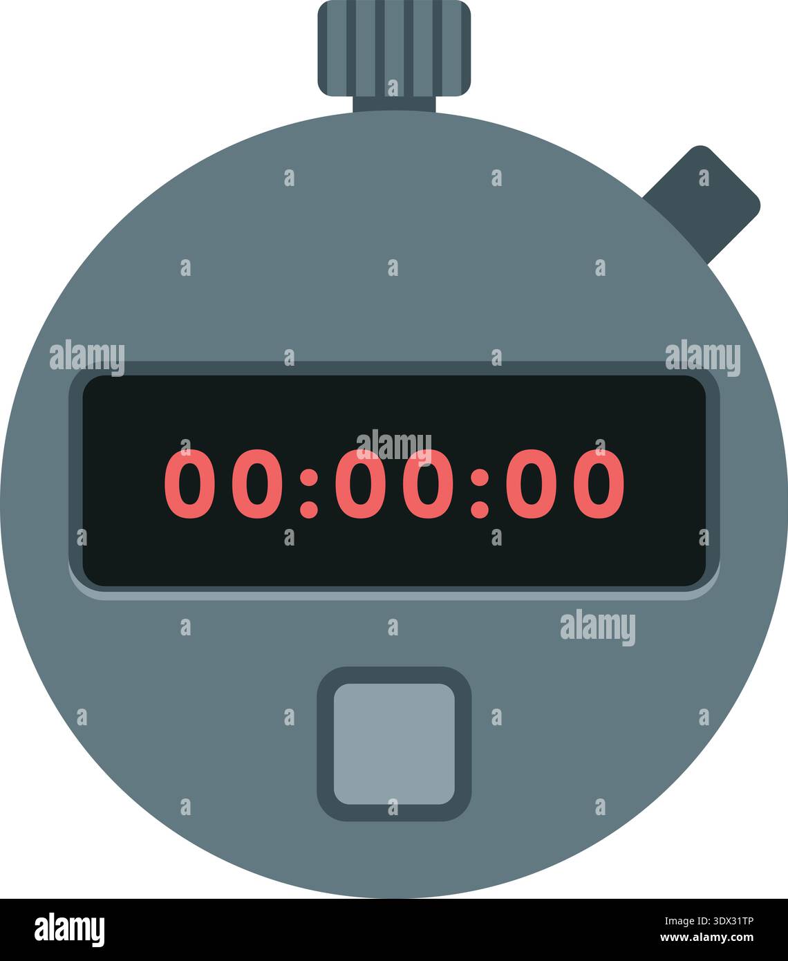 Stopwatch icon with a digital display showing zeros and a top knob and side button Stock Vector